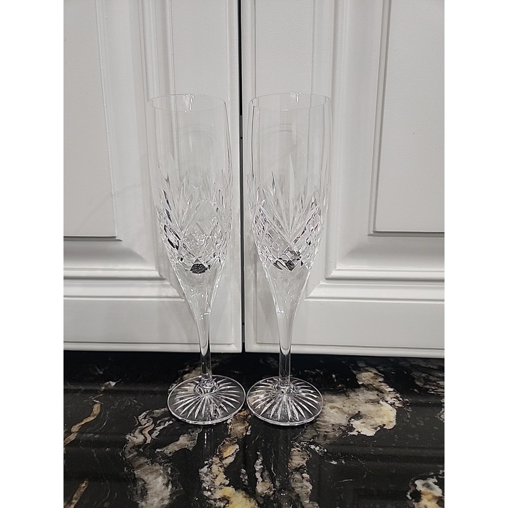 Set of 2 Royal Doulton Diamond Cut‎ Crystal Champagne Flutes 8.5" - Excellent